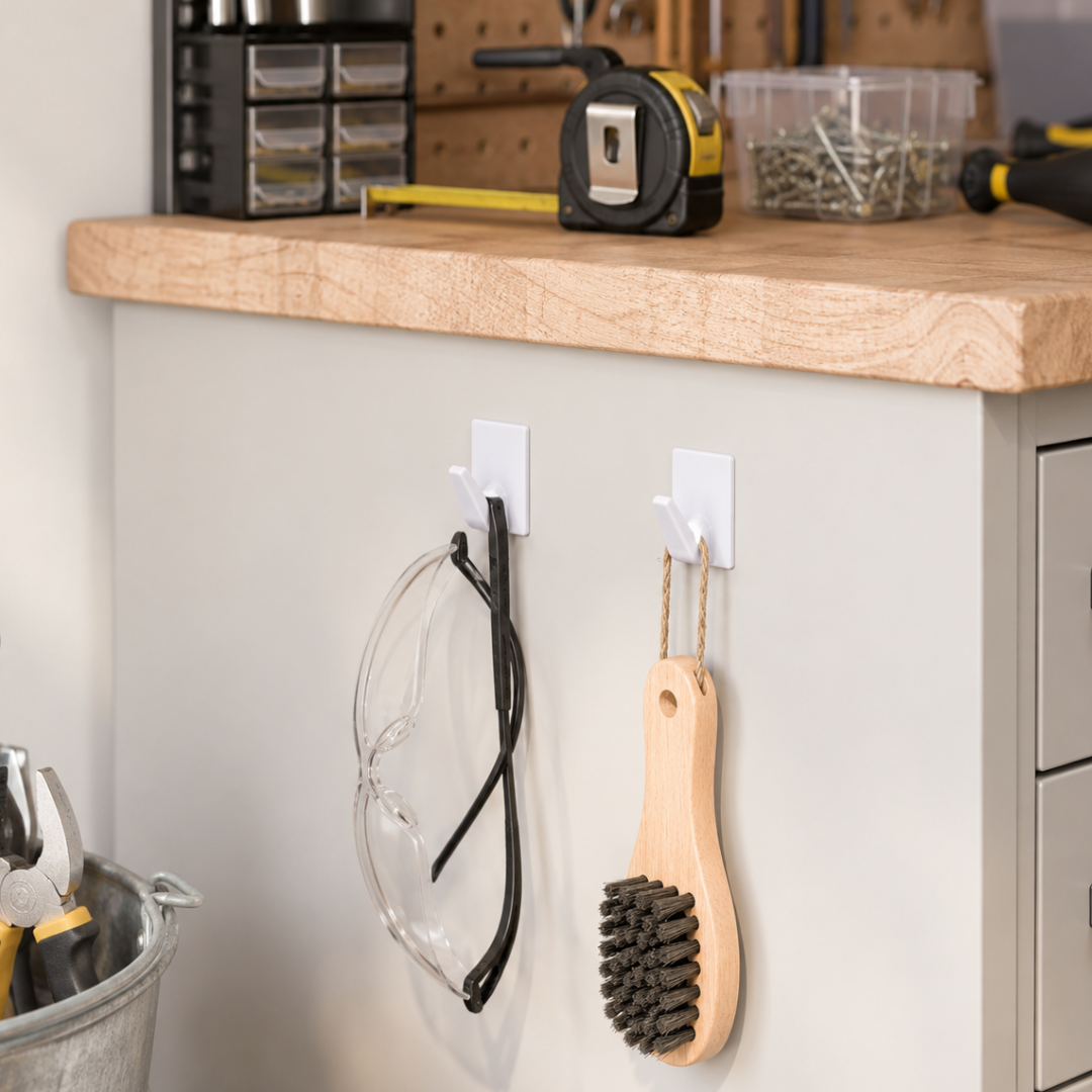 2 Pack Large White Adhesive Hooks (2 Pcs in 1 Pack), Peel and Stick Plastic Wall Hooks for Kitchen, Bathroom, Laundry Room, Cleaning Tools, Towels, Décor and Lightweight Hanging, Holds up to 1 lb