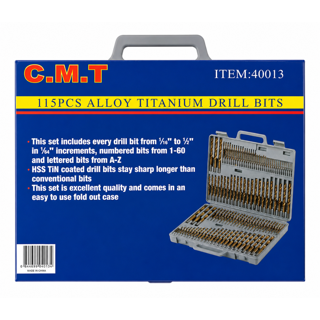 115 Piece Titanium Drill Bit Set – HSS TiN Coated Drill Bits – 1/16" to 1/2" Sizes – Fractional, Letter & Number Bits – Metal, Wood & Plastic
