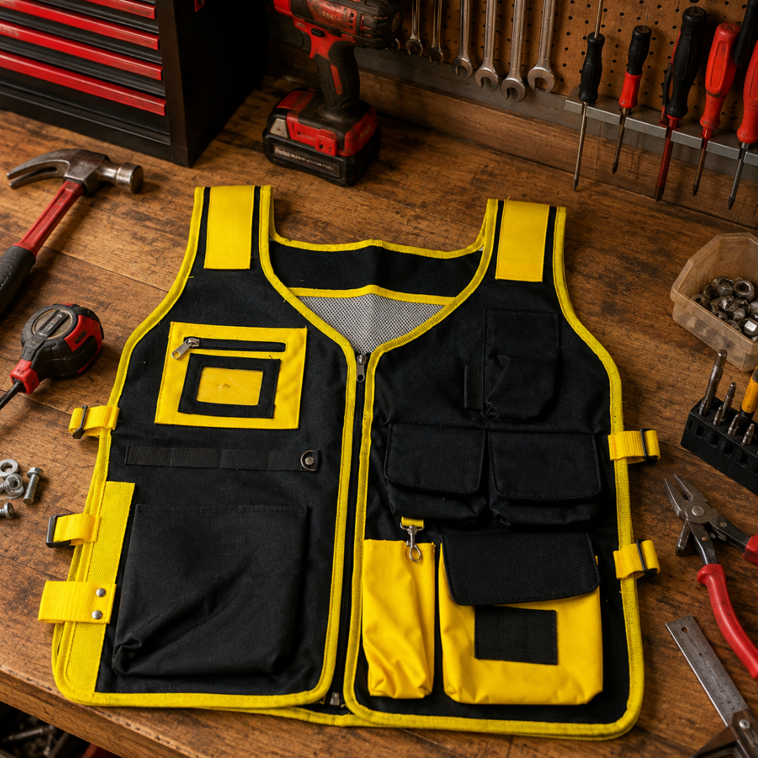 6 Pocket Tool Vest, Heavy Duty Nylon Work Vest with Adjustable Straps, Multi-Pocket Tool Organizer for Construction, DIY, Repair & Workshop Use, Black & Yellow