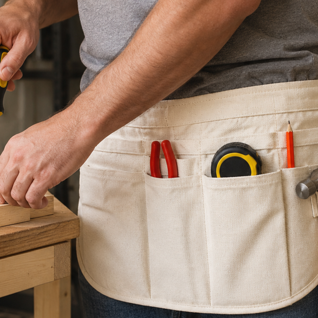 14" x 10" Heavy Canvas Waist Apron with 3 Pockets, Dual Hammer Holders, Long Tie Belt, White Utility Work Apron for Tools, Nails, Cash & Travel Valuables