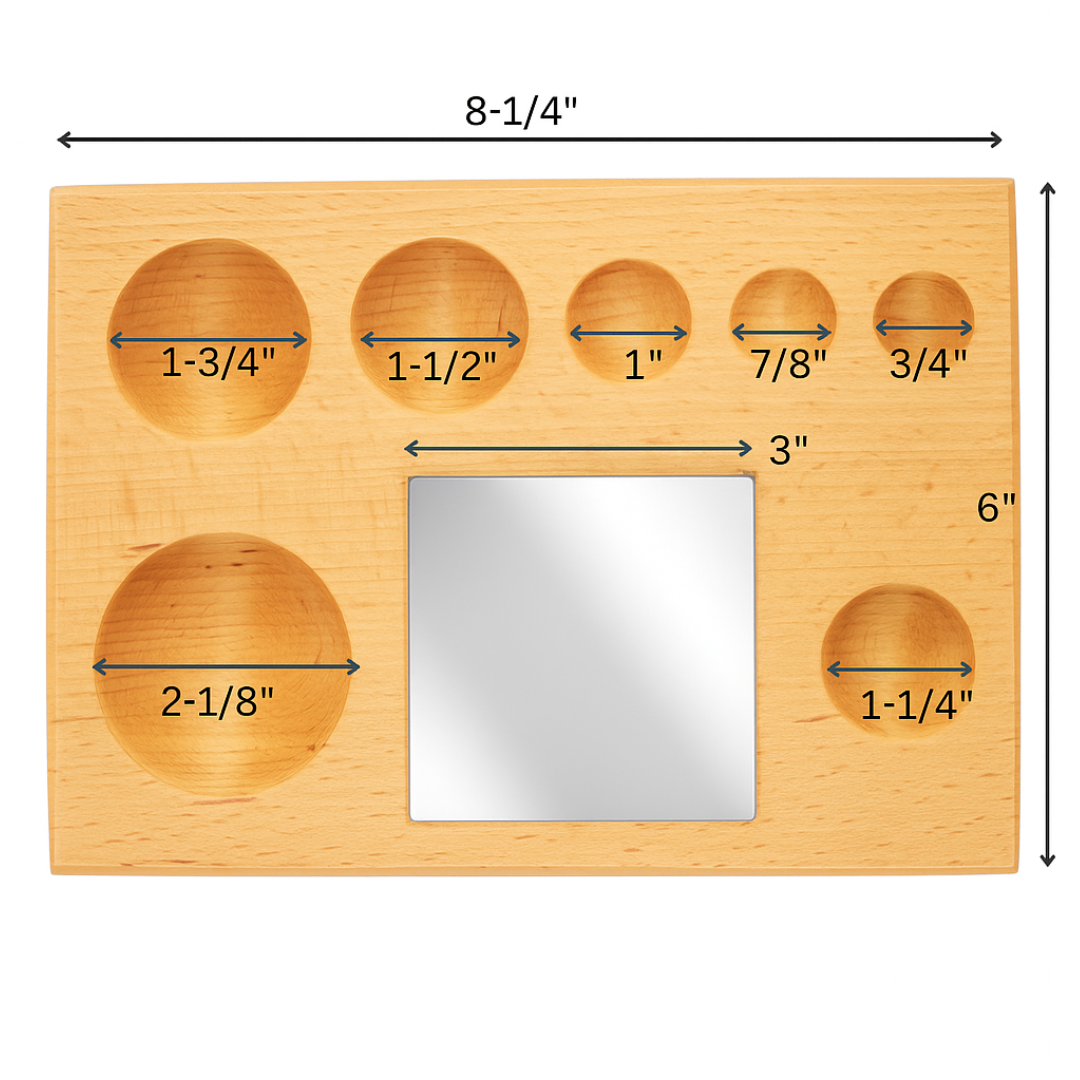 Wooden Dapping Block with 3" Steel Anvil Insert – 7 Half-Round Grooves (¾" to 2") for Metal Forming, Jewelry Making, and Craft Work