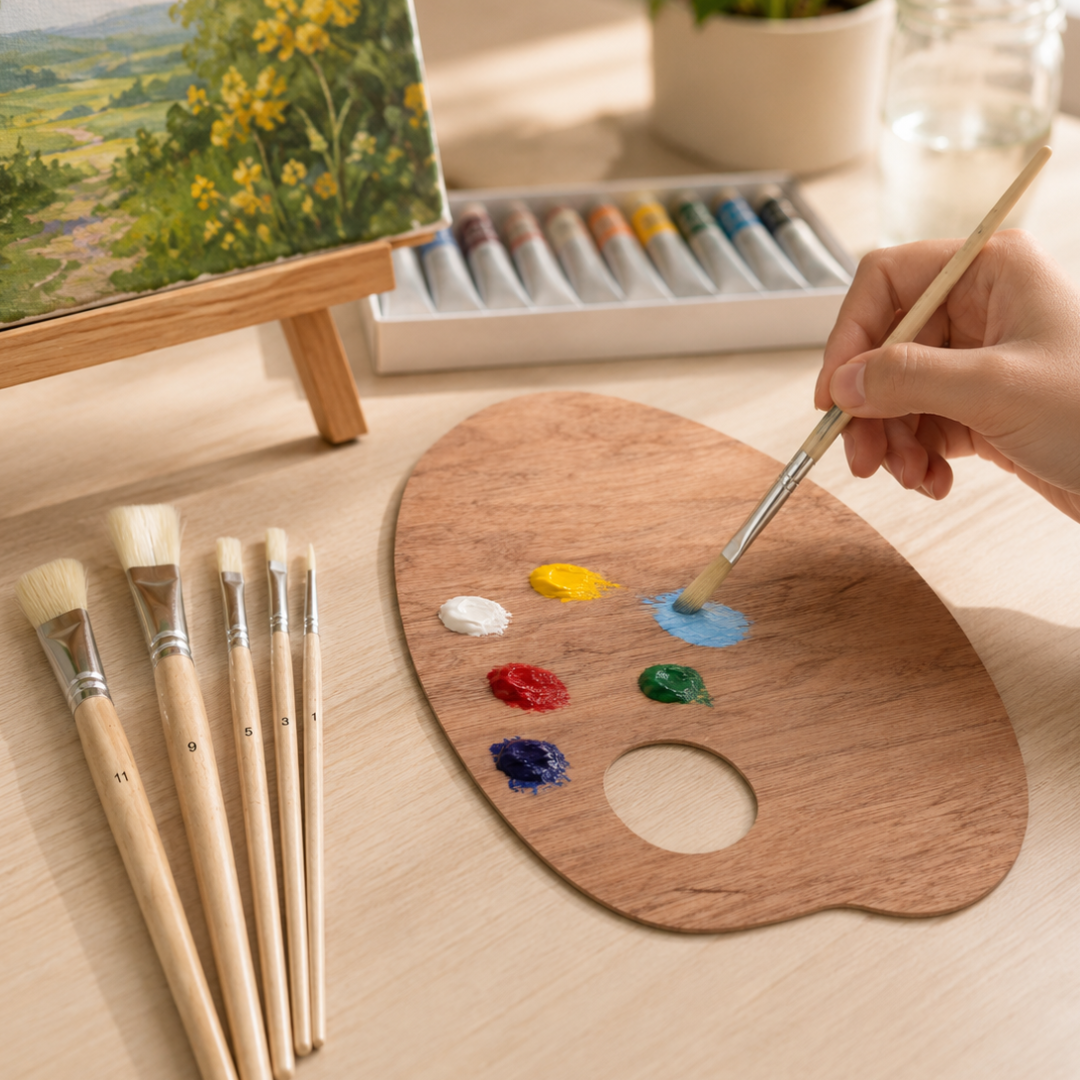 Professional Long-Handle Artist Paint Brush Set with 16 x 8 Inch Wooden Palette, 5-Piece Assorted Brushes for Acrylic, Oil and Watercolor Painting, Sizes 1, 3, 5, 9 and 11 – TZ63-00646
