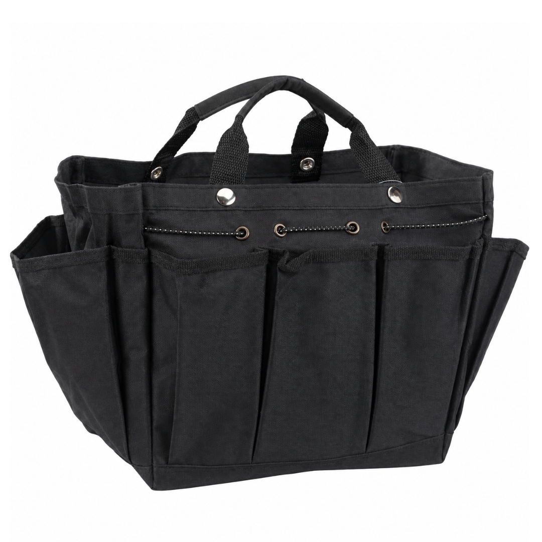 Black Nylon Garden Tool Tote Bag with 8 Exterior Pockets, Large Main Compartment and Snap Closure, 18 Inch Gardening Organizer