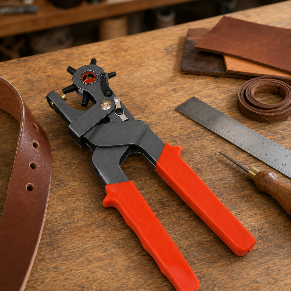 Revolving Leather Hole Punch Pliers, 9.5-Inch Heavy-Duty Rotary Punch Tool with 6 Hole Sizes and Comfort Grip Handles for Belts, Shoes, Bags, Canvas and Denim – TP-04402