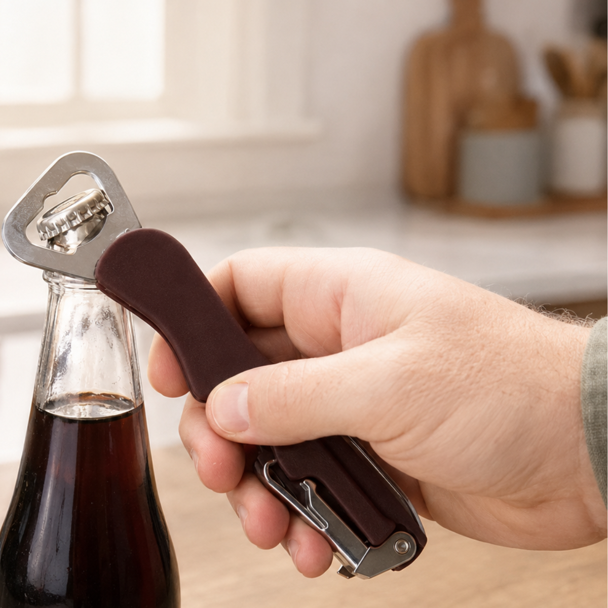 5-1/2 Inch Multipurpose Bottle Opener with Corkscrew and Folding Knife Blade, Stainless Steel Components, Compact Pocket Bar Tool for Wine, Beer and Soda Bottles, Burgundy Handle