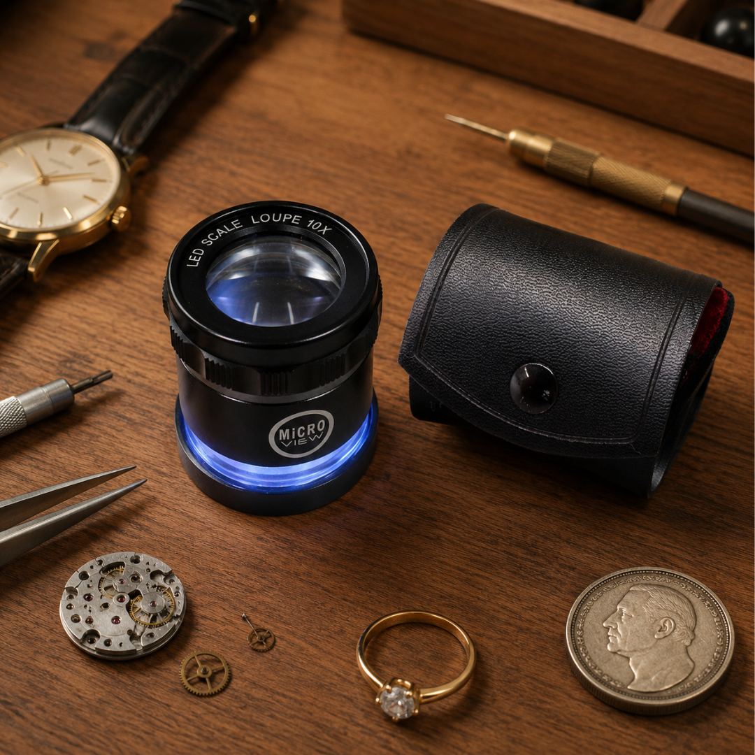 10X LED Scale Loupe Magnifier with Lighted Base and Protective Carrying Case for Jewelry, Coins, Stamps, Watches and Precision Inspection