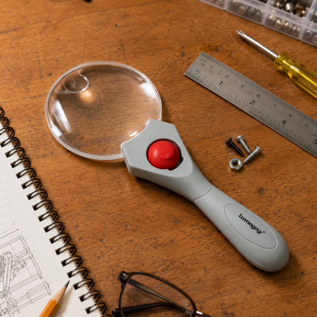 3X/5X 3.5 Inch Rimless LED Magnifier with Roller Ball Light Switch – Handheld Acrylic Magnifying Glass with Gray Handle, MP-13938