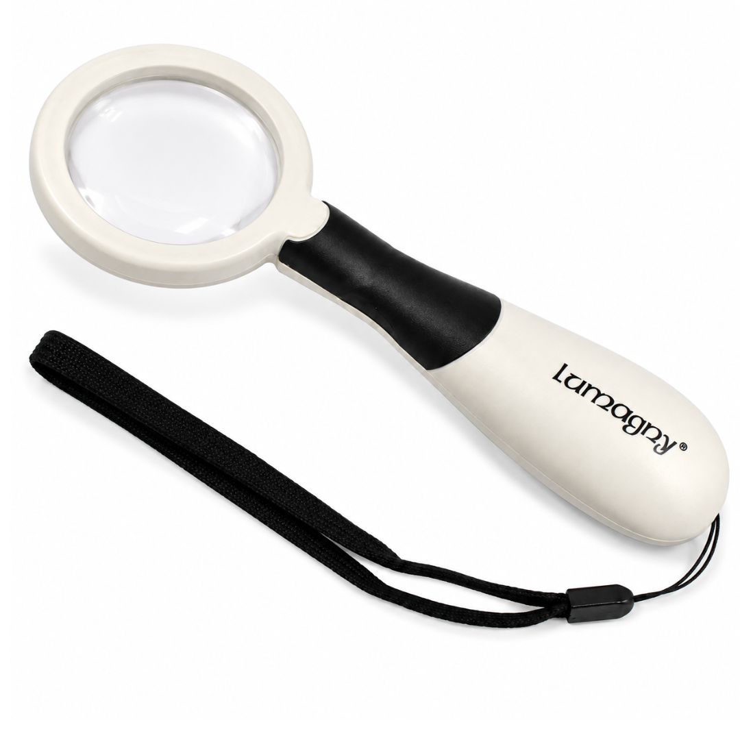 3x/5x LED Handheld Magnifier, 2 Inch Aspheric Distortion-Free Lens with Dual LED Lighting, Comfort Grip Handle & Wrist Strap, Portable Reading Magnifying Glass for Books, Maps, Crafts – MG-75720