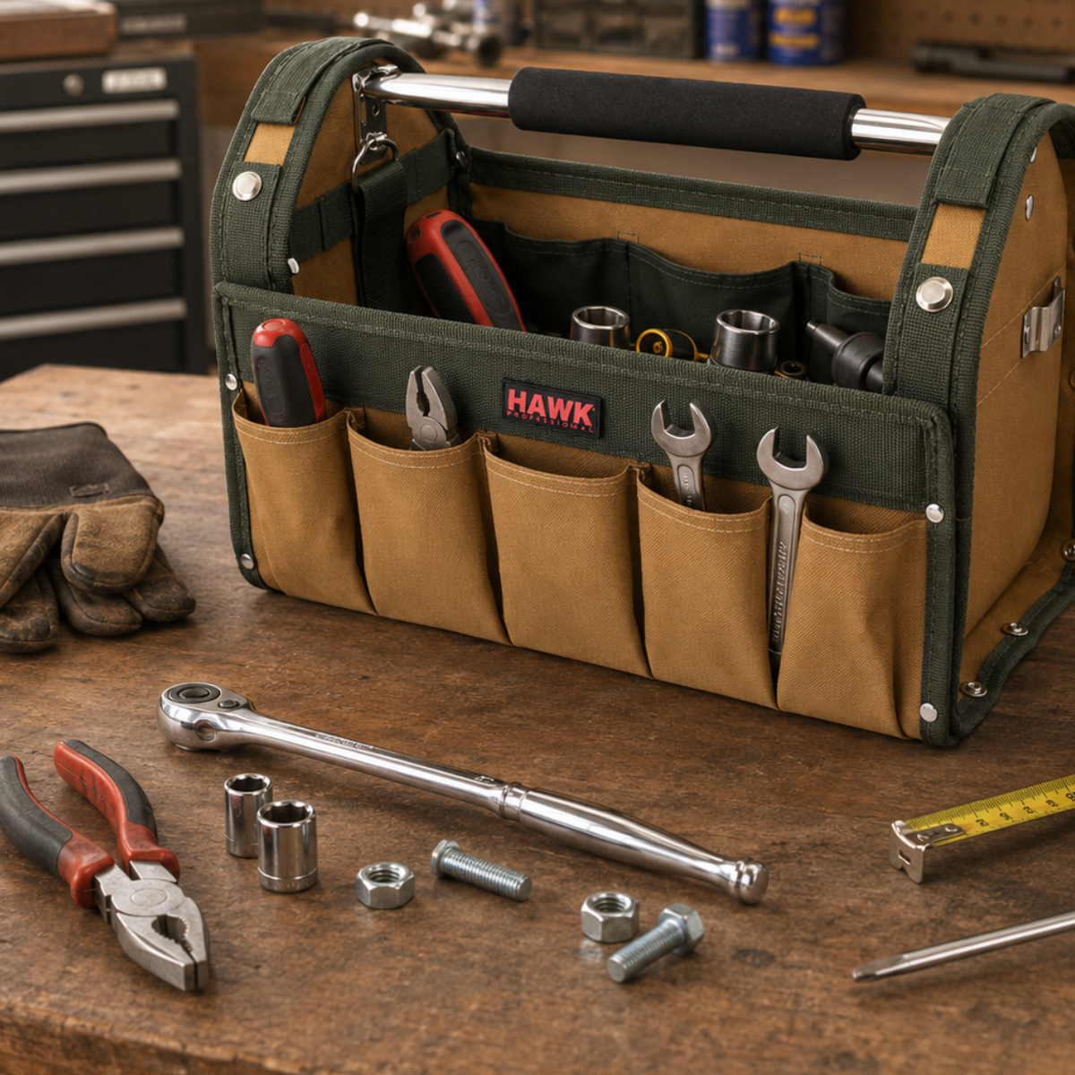 16-Inch Rigid-Side Nylon Tool Bag with Metal Handle, 14 Pockets, 13 Tool Straps, Tape Measure Holder and Shoulder Strap, Tan/Green