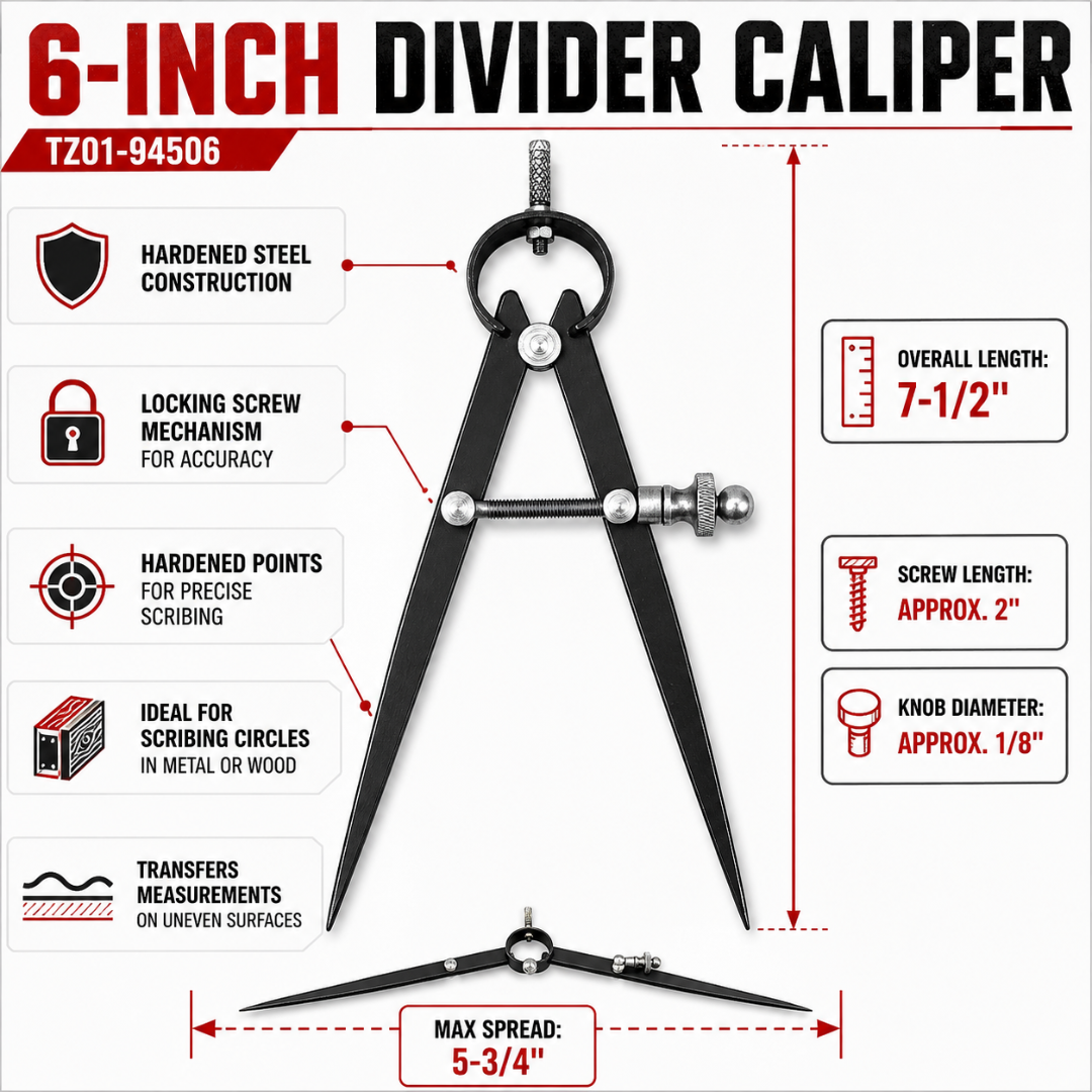 6-Inch Divider Caliper with Locking Screw Mechanism, Steel Scribing Compass Tool with Hardened Points for Layout, Measurement Transfer, Metalworking & Woodworking – TZ01-94506