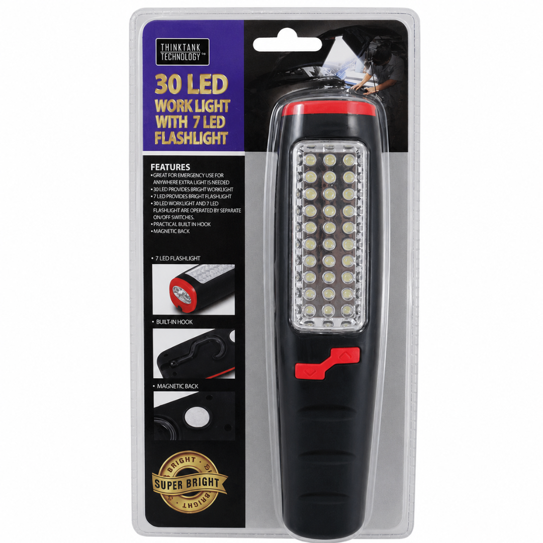 37 LED Magnetic Work Light with Hanging Hook – 8-Inch Portable Handheld Flashlight, 30-LED Front Panel & 7-LED Top Light, Battery Operated – LKCO-6928-FL