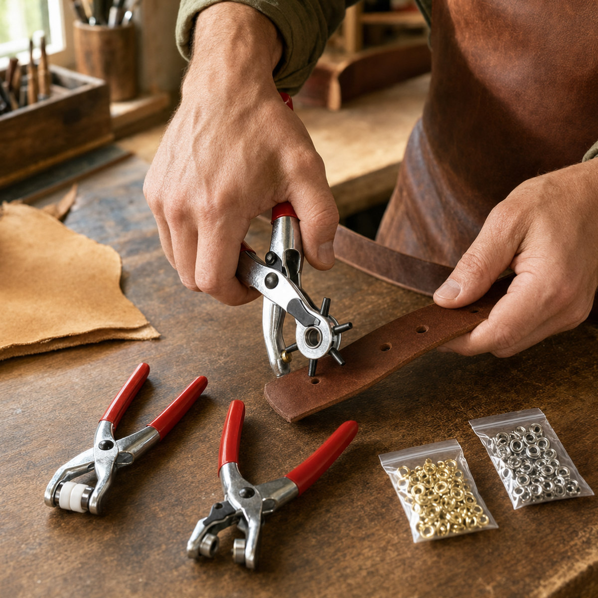 128-Piece Leather Hole Punch and Fastener Set – 6-Size Revolving Punch, Eyelet Pliers, Snap Pliers, 100 Eyelets and 25 Snap Sets – Vinyl-Coated Handles for Belts, Shoes, Bags and Crafts