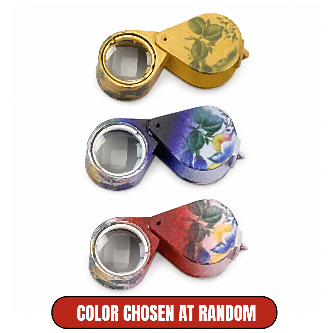 Floral Design Jeweler’s Loupe 10X Magnifier, 18mm Lens, Brass Folding Pocket Loupe with Brown Snap Pouch for Jewelry, Coins, Stamps, Watches & Detail Inspection