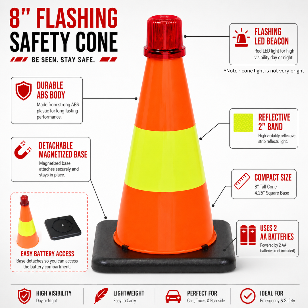 8 Inch Orange Safety Cone with Reflective Strip & Flashing LED Light, Magnetic Base Emergency Roadside Warning Cone for Car, Trunk, Flat Tire, Tow Truck, Parking & Night Safety