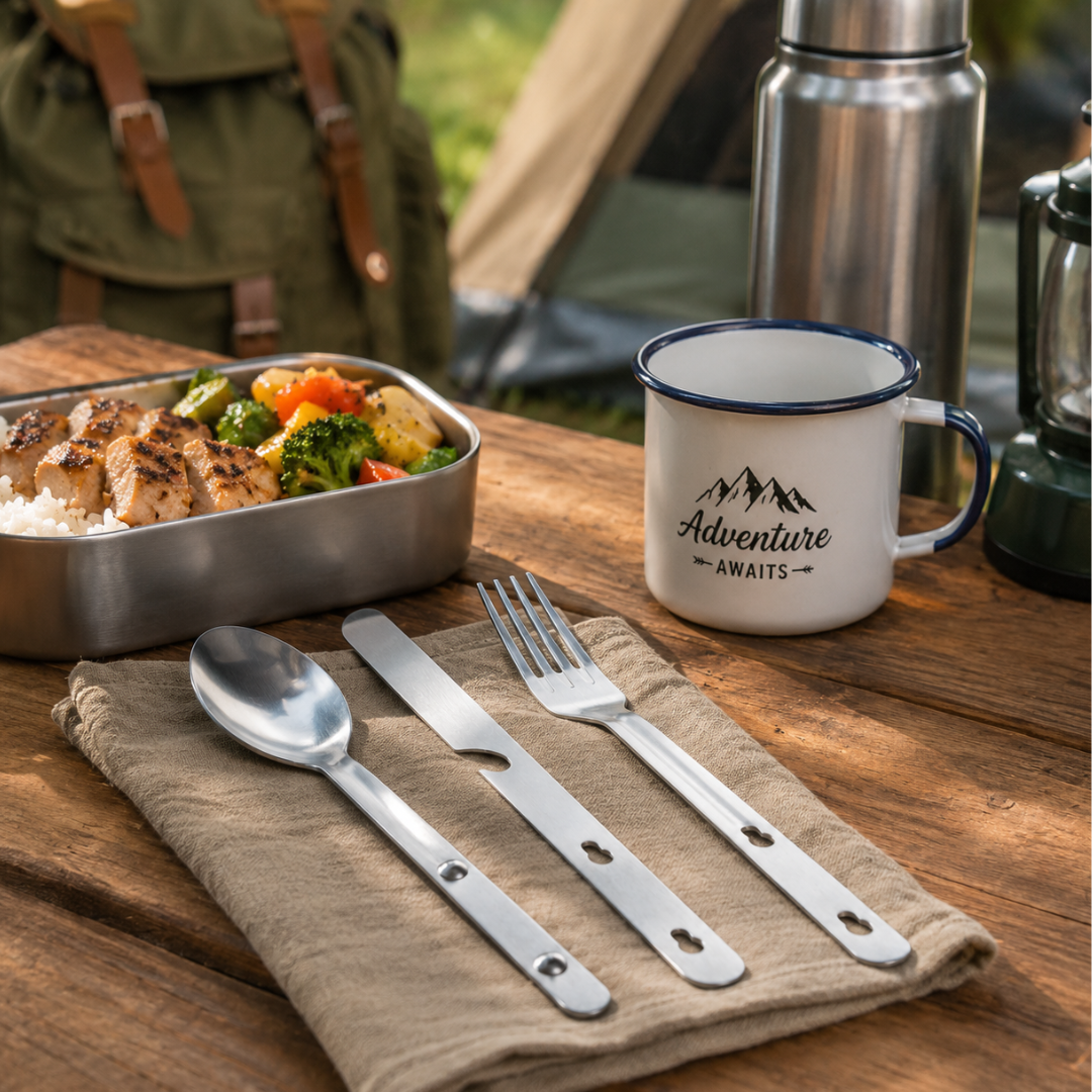 3-Piece Stainless Steel Camping Cutlery Set, Fork Spoon & Knife with Bottle Opener, 6-Inch Portable Utensil Set with Vinyl Snap Pouch for Camping, Hiking & Travel - TP-18192