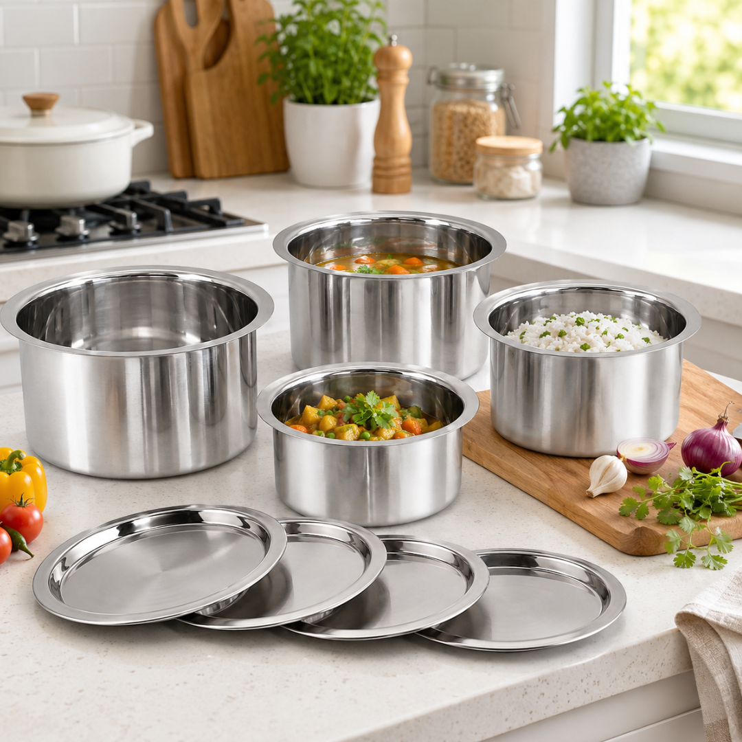 8 Piece Stainless Steel Cooking Pot Set with Lids, 4 Heavy Duty 26 Gauge Pots & 4 Mirror Finish 22 Gauge Lids, Stackable Cookware & Serving Trays, UCT-FT4-1922