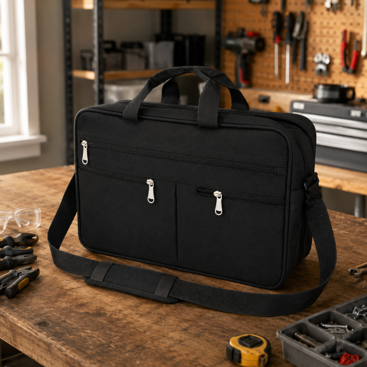 Multi-Purpose Heavy-Duty Black Canvas Tote Bag with 17 Pockets, 5 Zippers, Adjustable Shoulder Strap and Reinforced Bottom – Soft-Sided Tool, Work and Laptop Carrying Bag, 16.5 x 11 x 6 Inches