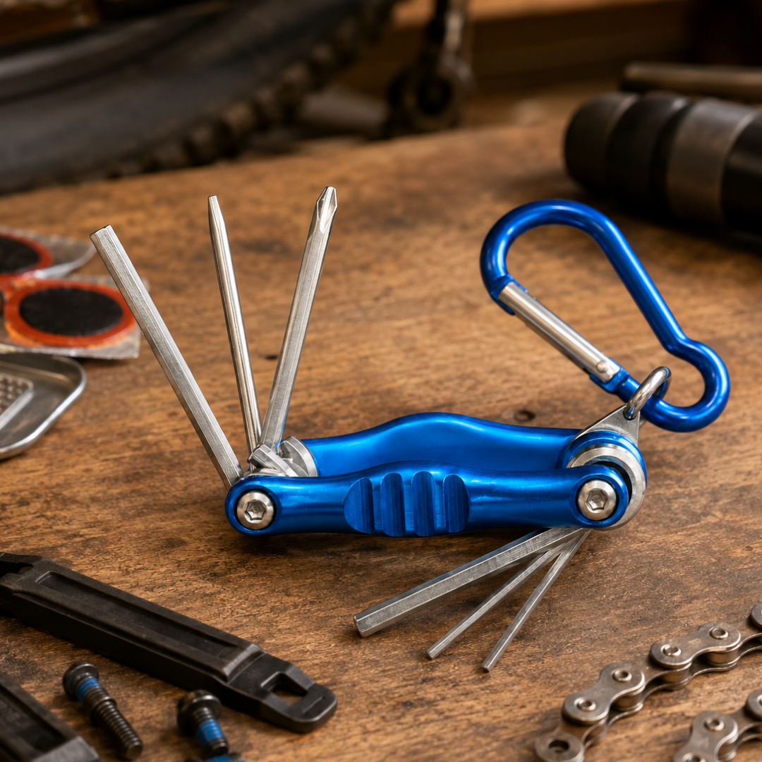 6-in-1 Folding Multi-Tool for Bicycles and Motorcycles – Phillips and Slotted Screwdrivers, 3, 4, 5 and 6 mm Hex Keys with Snap-Hook Key Ring – PS2012-TAI