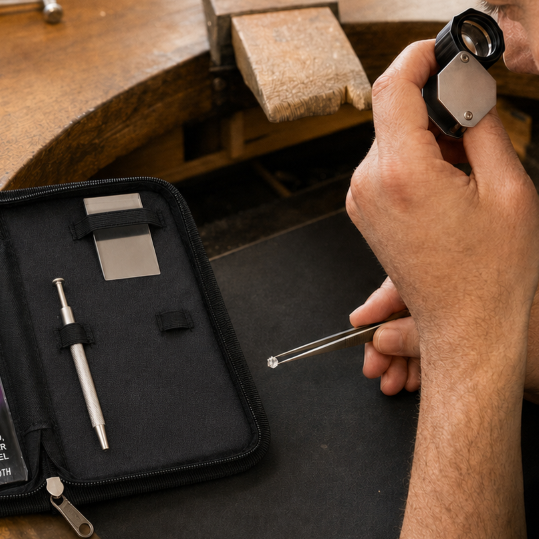 5-Piece Jeweler’s Gemstone Inspection Tool Kit with 10X Loupe, Tweezers, 4-Prong Pickup Tool, Gem Shovel, Polishing Cloth and Zippered Case – TJ100-5
