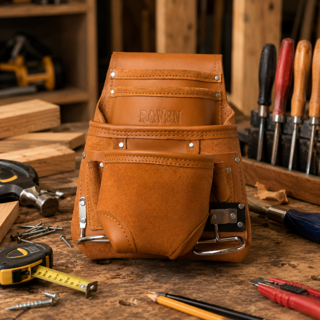 Leather Tool Pouch for Belt, 10 Pocket Tool Organizer with 2 Metal Hammer Holders, Heavy Duty Belt-Worn Construction Pouch for Carpenters, Electricians, Contractors & DIY Work