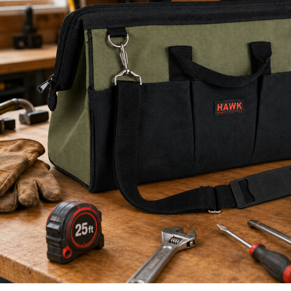 16-Inch Heavy Duty Canvas Tool Bag with 22 Pockets, Wide-Mouth Zippered Tool Organizer with Solid Bottom, Carry Handles and Adjustable Removable Shoulder Strap