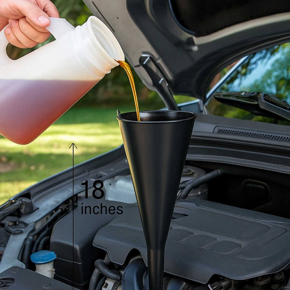 2 Pc. 18" Extra-Long Plastic Funnel with 5" Wide Mouth – Flute-Style Narrow Base for Oil, Gas, and Transmission Fluids