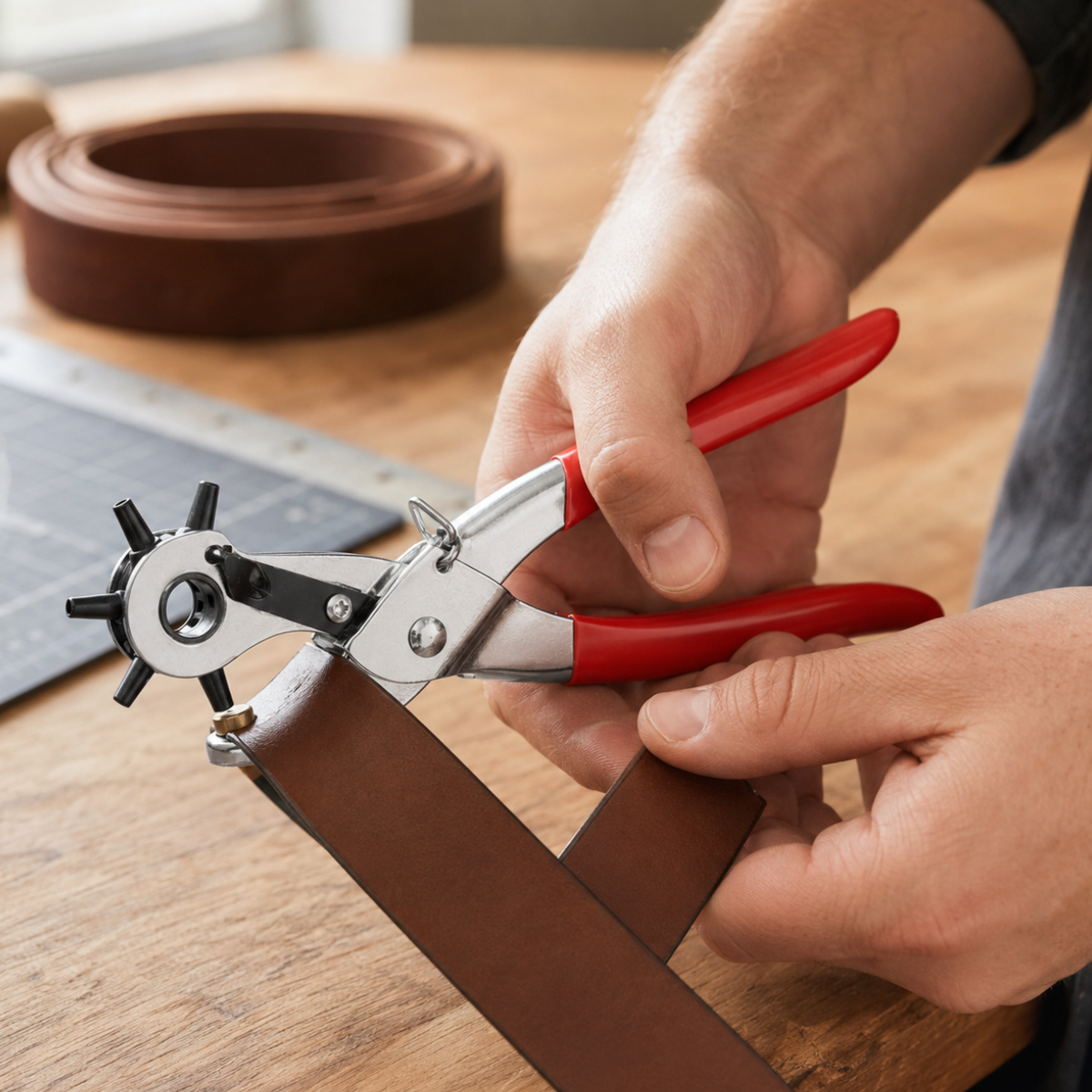 Revolving Leather Hole Punch Pliers with 6-Size Rotating Head, Heavy-Duty Metal Body and Comfort-Grip Handles for Belts, Purse Straps and Leather Crafts