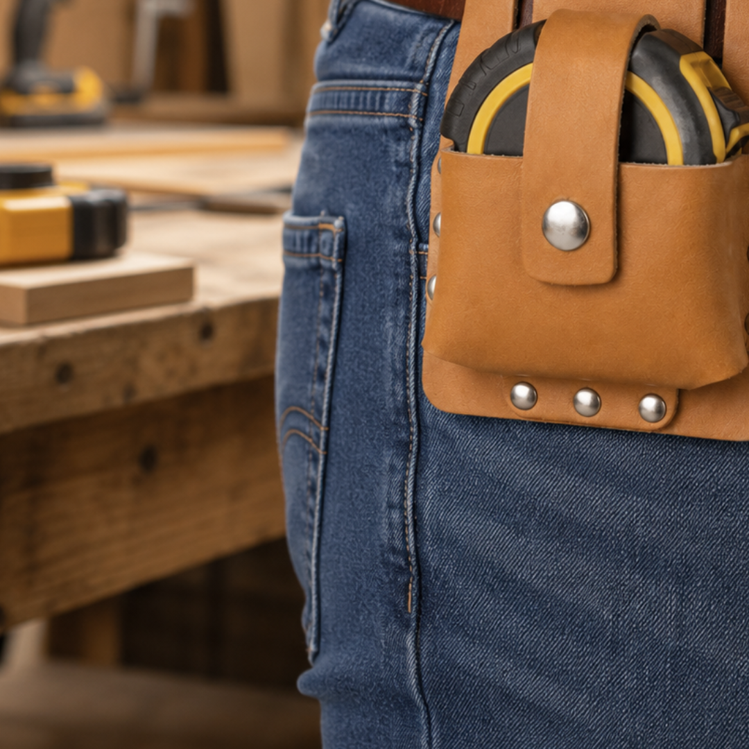 Leather Tape Measure Holder for Tool Belt, 5 x 8 Inch Riveted Measuring Tape Pouch with Snap Closure and Belt Slots, Pack of 2