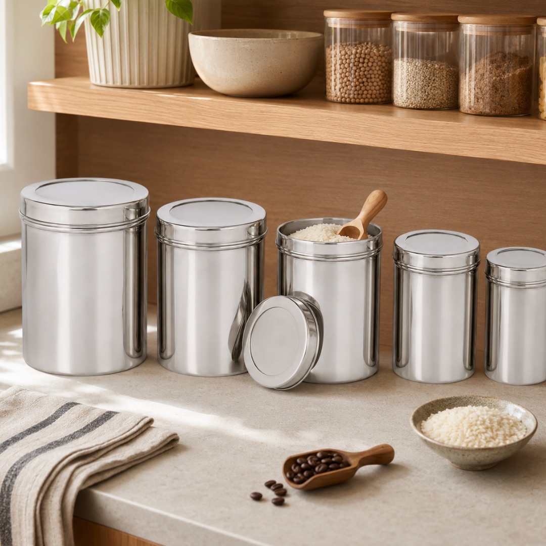 5-Piece Stainless Steel Kitchen Canister Set with Fitted Lids, Graduated Food Storage Containers for Coffee, Flour, Sugar, Rice, Pasta, Tea and Snacks