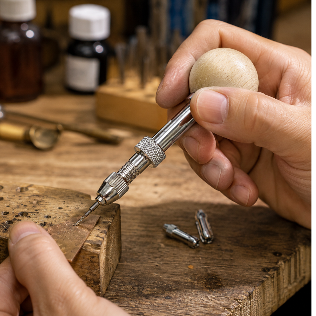 Pin Vise Set with Wooden Ball Handle, 3.5-Inch Manual Precision Hand Drill, Metal Shaft and 2 Extra Collets for Jewelry Making, Models, Crafts and Small Repairs – TJ-991