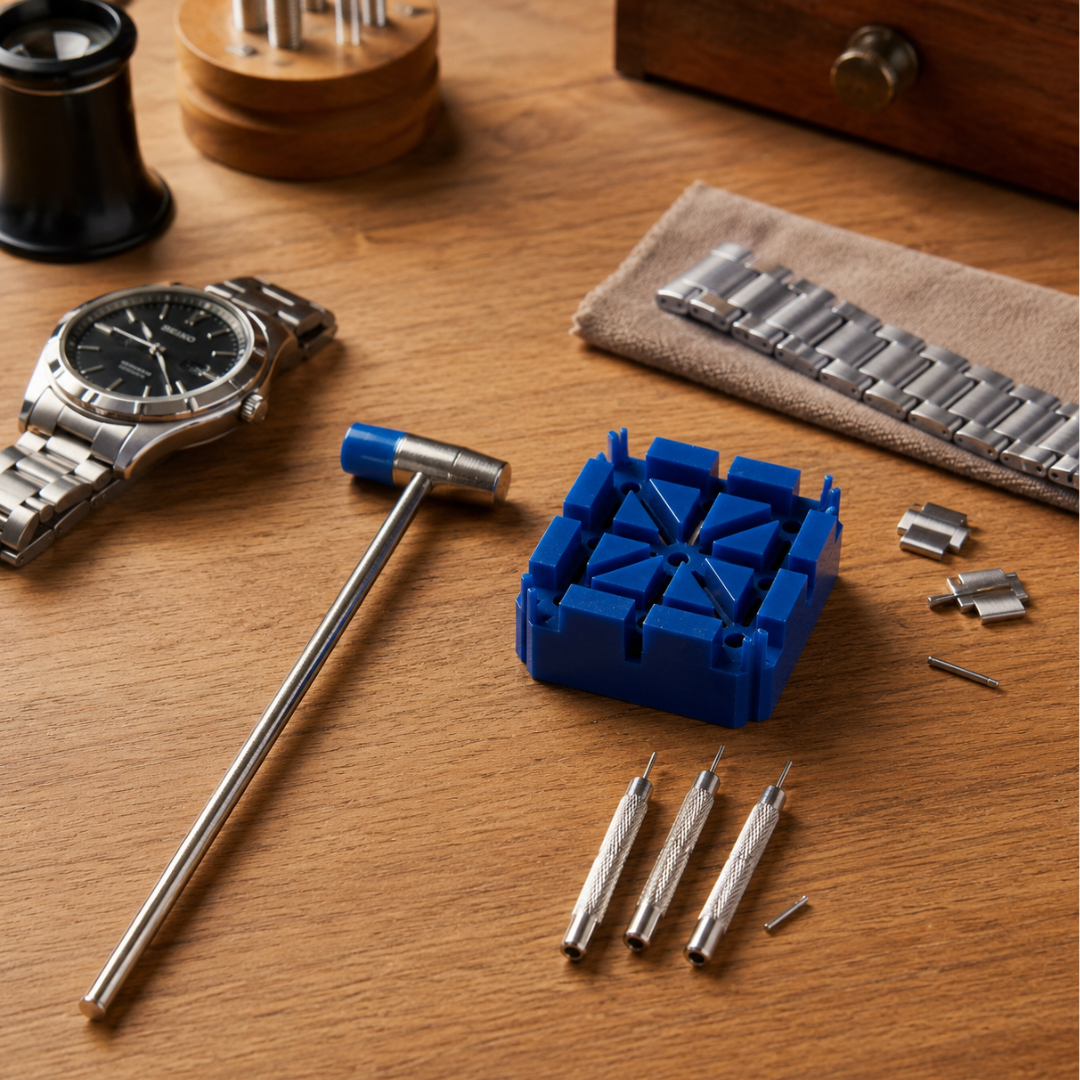 HTS Watch Band Repair Kit - 5 Piece Watch Link Removal Tool Set with Hammer, Pin Punches & Holder Block for Watch Band Adjustment and Bracelet Repair