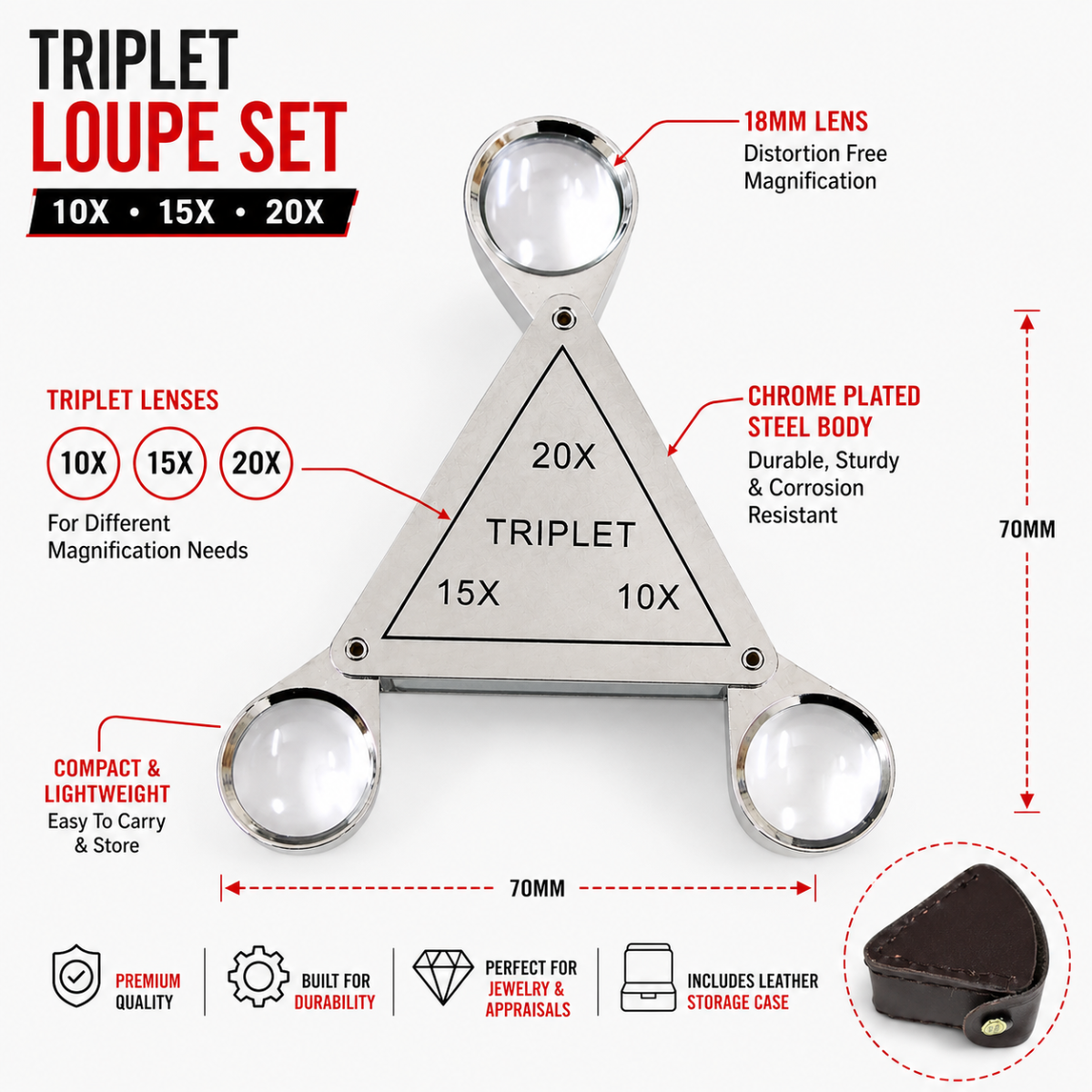 Triangular Frame Chrome Triplet Loupe Set, 10X 15X 20X Magnification, Steel Folding Jewelry Magnifier with Brown Leather Case, 18mm Glass Lenses