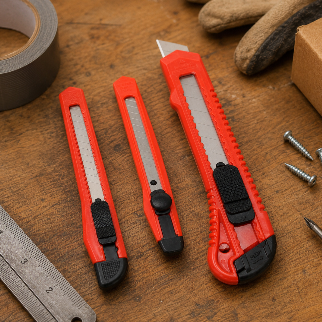 3 Piece Utility Knife Set, Snap-Off Steel Blade Box Cutters in 3 Sizes, Retractable Plastic Handle Cutters for Cardboard, Vinyl, Carpet & Paper – CR-49000