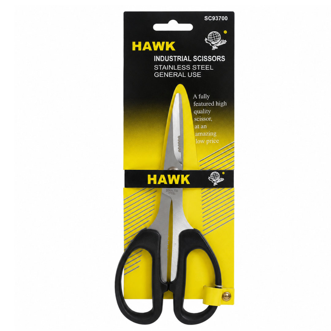 7 Inch Industrial Scissors with Stainless Steel Blades, Black Oversized Plastic Handles, Serrated Blade Section, Heavy Duty General Use Scissors for Home, Office, Workshop & Packaging