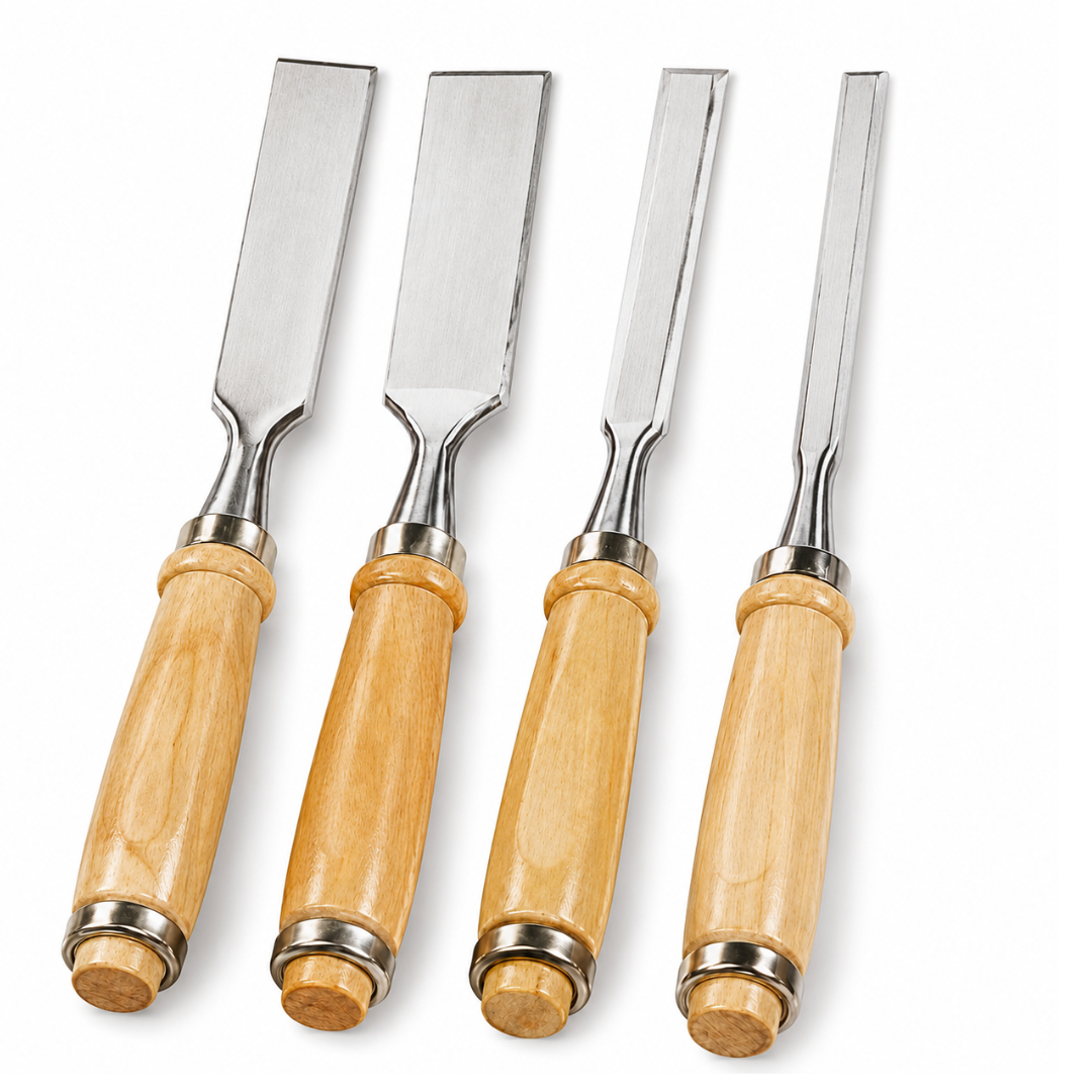 WEDGE 9 Inch 4 Piece Wood Chisel Set with Wooden Handles – Steel Blade Chisels for Woodworking, Carving, Hobby, Student and Light-Duty Use, TZ02-17440