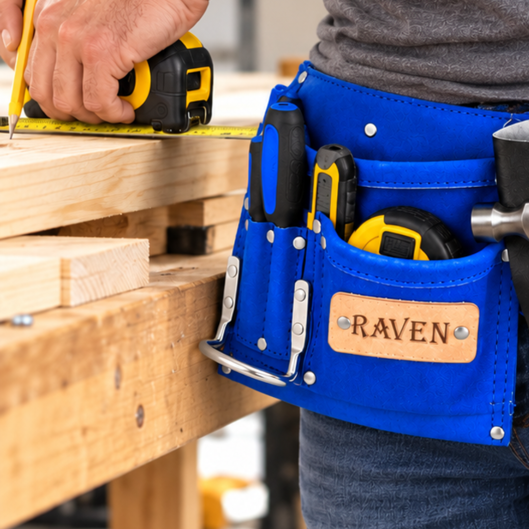 Blue Suede Tool Belt with 10 Pockets, Adjustable 30"–46" Waist, Heavy-Duty Riveted Construction, Hammer Holder & Tool Pouches for Construction, Carpentry, Roofing and DIY