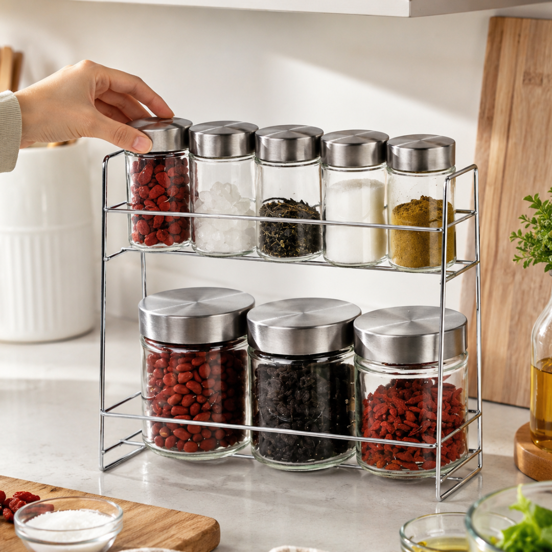 9-Piece Glass Canister Set with Stainless Steel Screw-On Lids & 2-Tier Display Rack – 8 Clear Food Storage Jars for Spices, Coffee, Sugar, Tea & Snacks – LKCO-69056