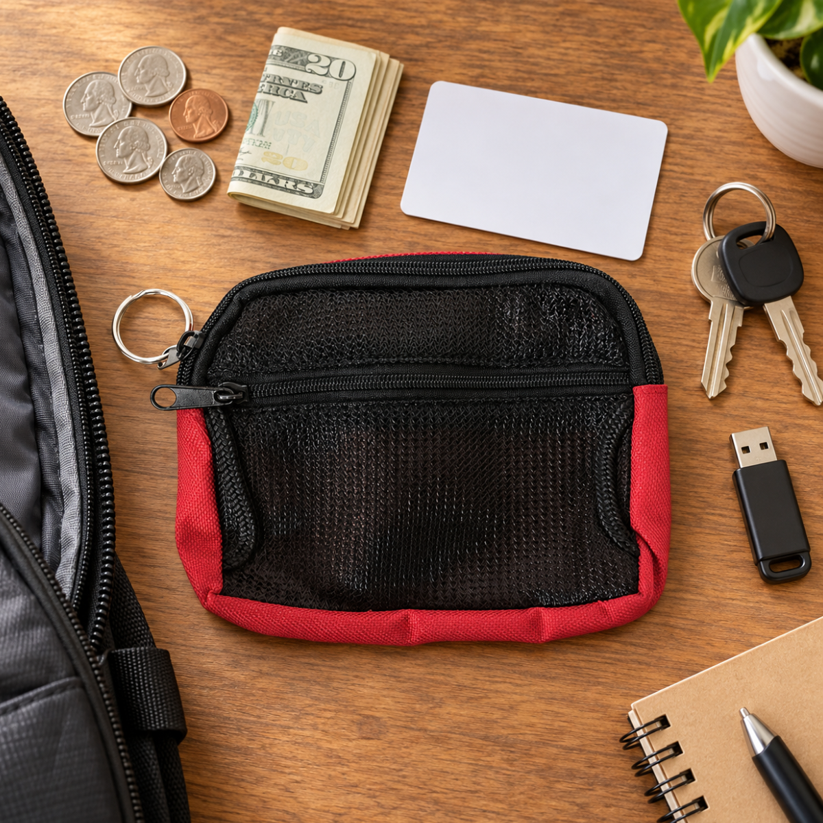 Red Nylon Coin Purse with Belt Loops, 2 Zippered Compartments & Mesh Pocket – 6 x 4-1/2 Inches – GB-12341RD