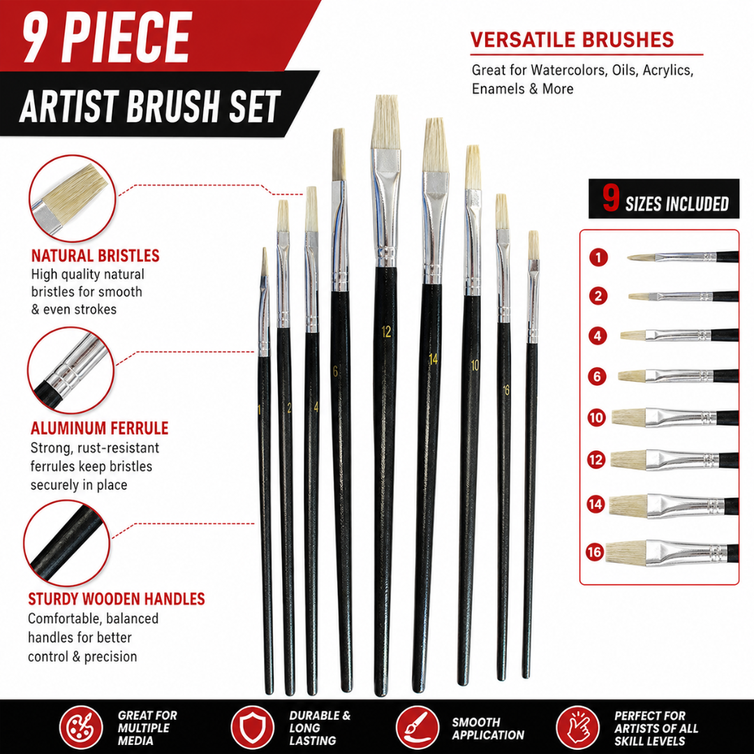 9-Piece Flat Artist Paint Brush Set, Sizes 0–16, Acrylic Bristles with Black Wooden Handles for Watercolor, Acrylic, Oil, Canvas, Wood and Crafts, 2-Pack, 18 Brushes Total