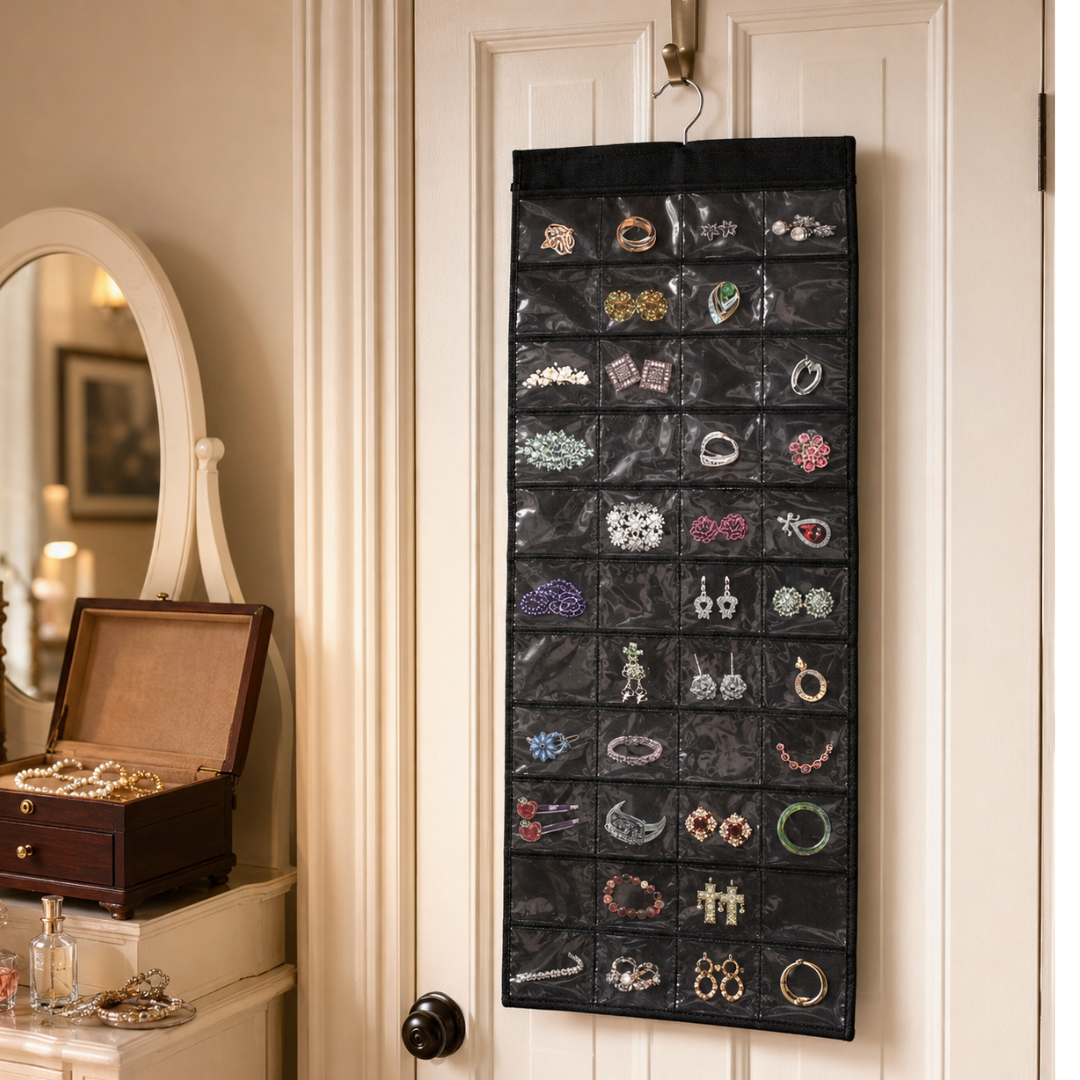 80-Pocket Double-Sided Hanging Jewelry Organizer with Clear Vinyl Pockets, Black Closet Storage for Earrings, Rings, Necklaces and Accessories, 37 x 17.5 Inches