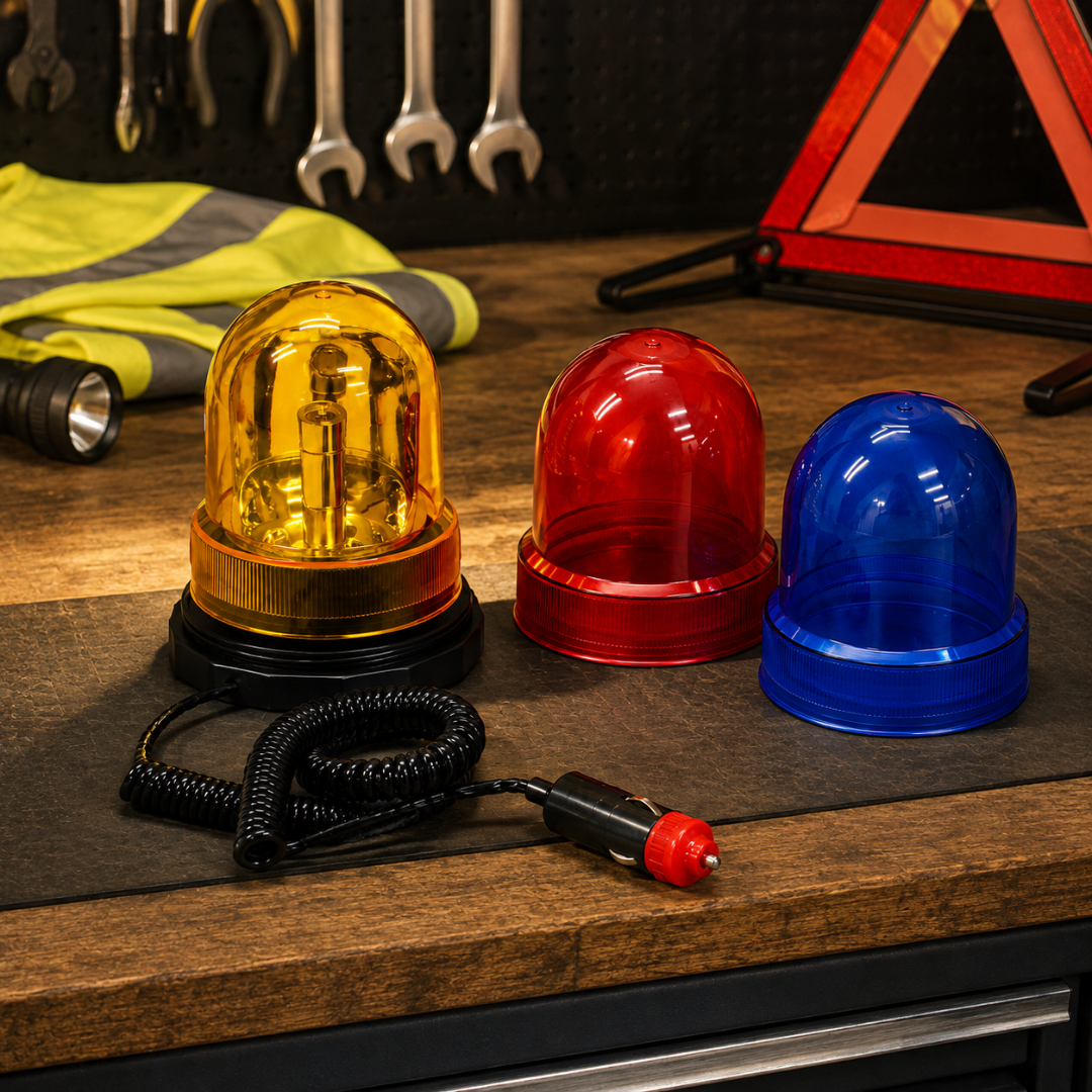 12V Revolving Warning Light with Magnetic Base, Red Blue and Amber Interchangeable Domes, 8-Foot Coiled Cord for Roadside and Off-Road Use