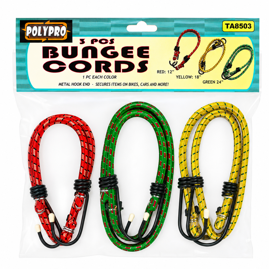 3 Piece Bungee Cord Set with Rubberized Hooks – 12", 18" & 24" Color-Coded Stretch Cords for Cargo, Bikes, Camping, Moving & Garage Storage – TA-08503