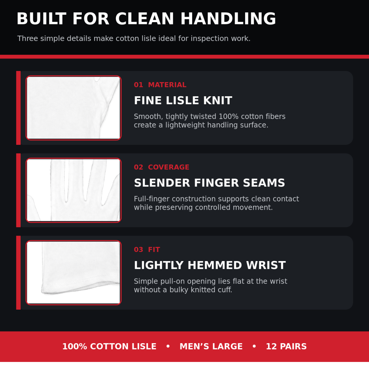 Men's White Cotton Lisle Inspection Gloves – Large (Pack of 12 Pairs) - GL-07400-Z12