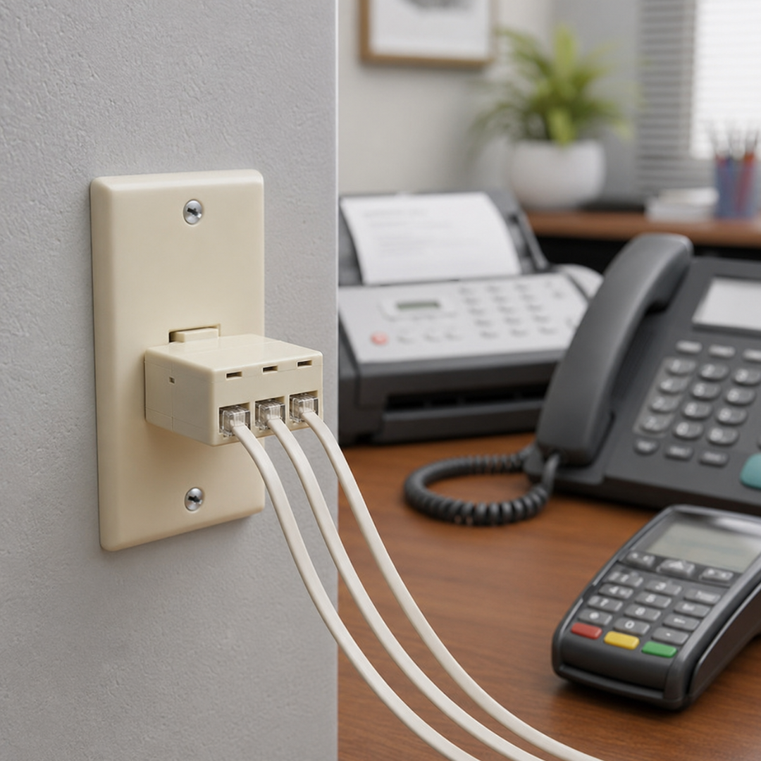 3-Port Modular Telephone Line Splitter Adapter – Single Jack to Triple Jack Connector for Phones, Fax Machines and Credit Card Terminals, 1.5 x 7/8 Inch