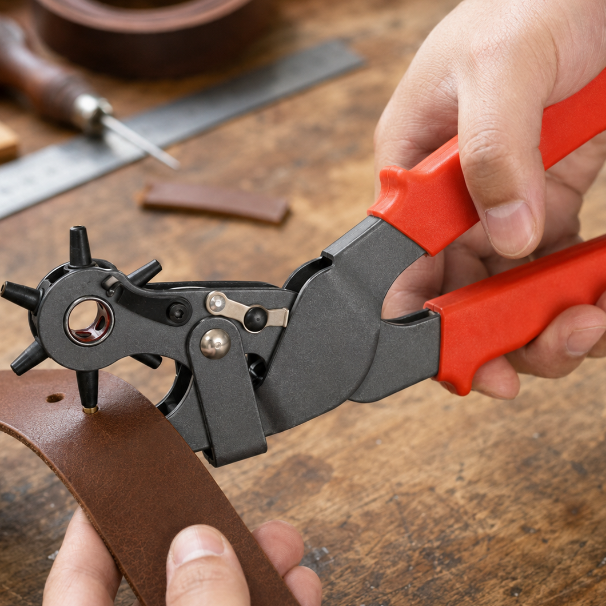 Revolving Leather Hole Punch Pliers, 9.5-Inch Heavy-Duty Rotary Punch Tool with 6 Hole Sizes and Comfort Grip Handles for Belts, Shoes, Bags, Canvas and Denim – TP-04402