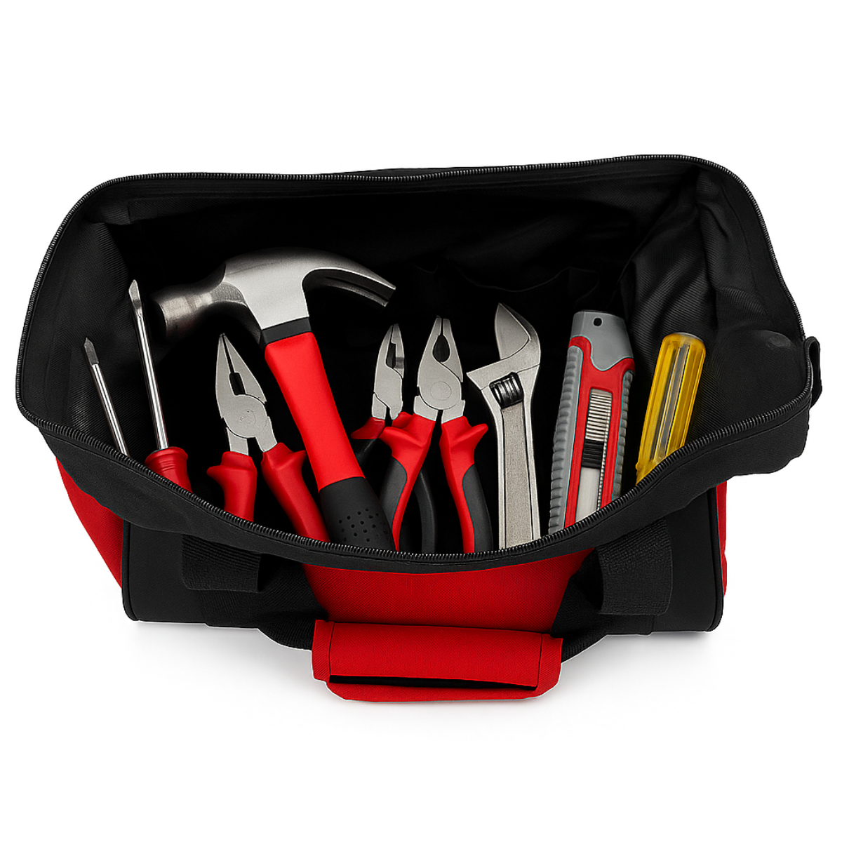 Soft-Sided Tool Bag with 21 Pockets – Opens Like a Doctor’s Bag – Black with Red Trim – 12” Compact Organizer for Hand Tools, Drill, or Craft Supplies