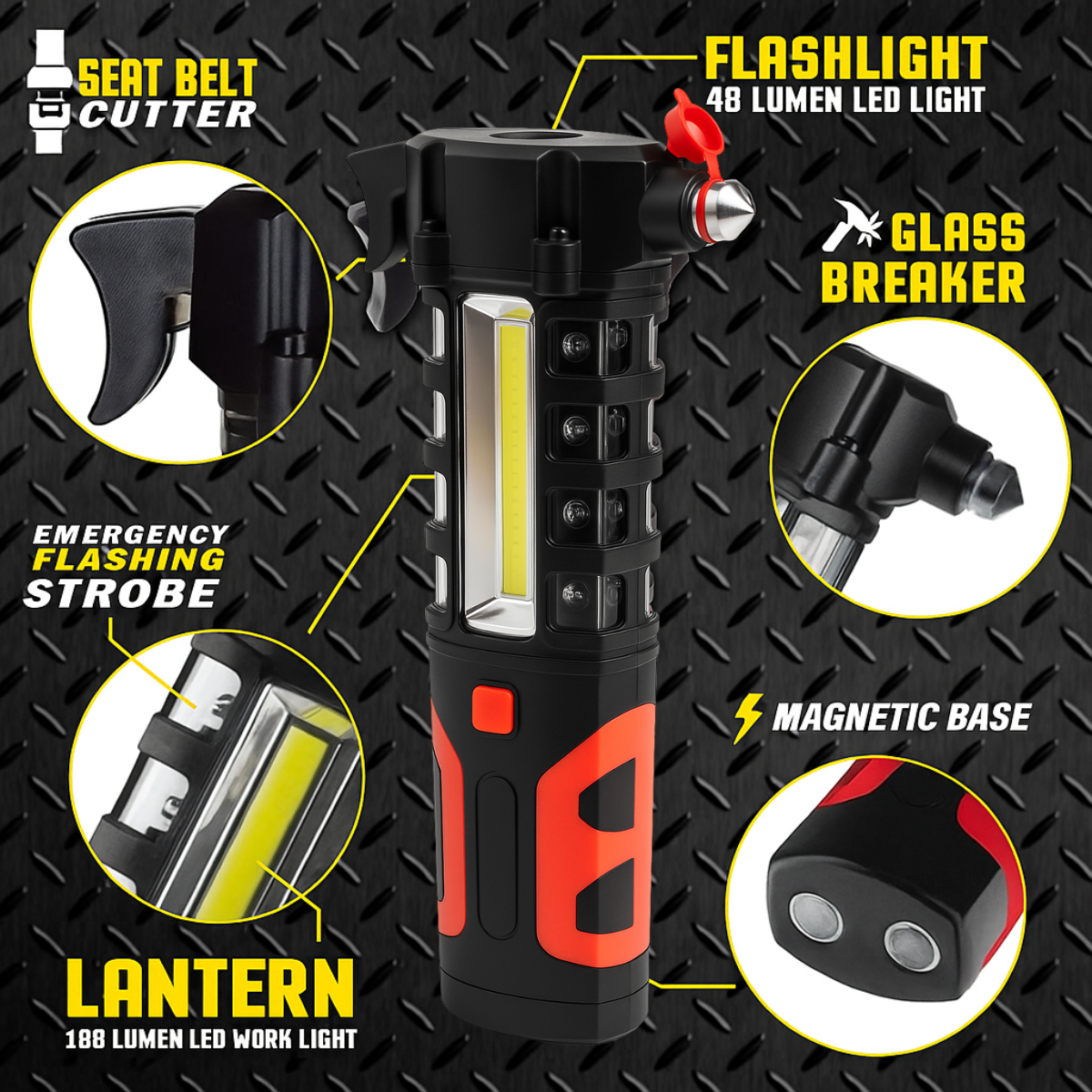Auto Emergency Work Light with Magnetic Base, Hammer & Seat Belt Cutter – 1W Torch, 3W COB Spotlight & Flashing Red Warning Light – PH580-FL