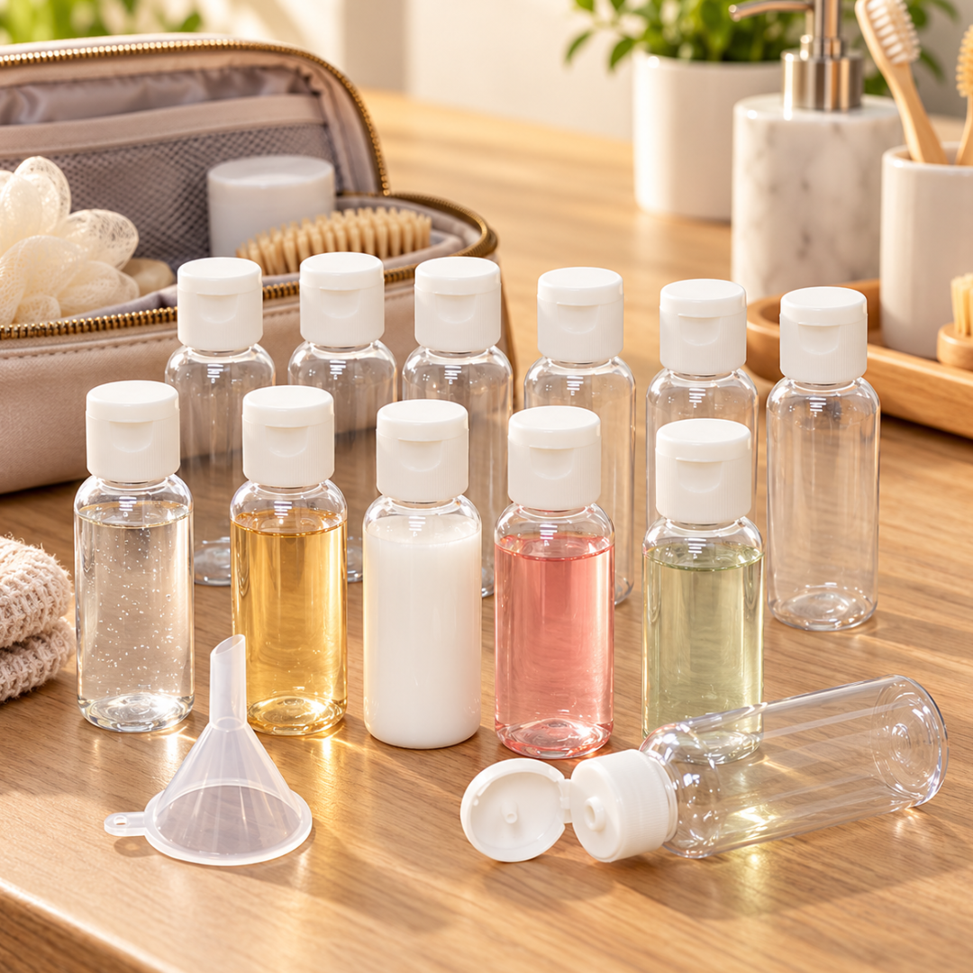 12-Pack 30ml Clear Plastic Travel Bottles with Flip-Top Caps & Filling Funnel – Refillable PET Containers for Shampoo, Lotion, Toiletries & Liquid Essentials