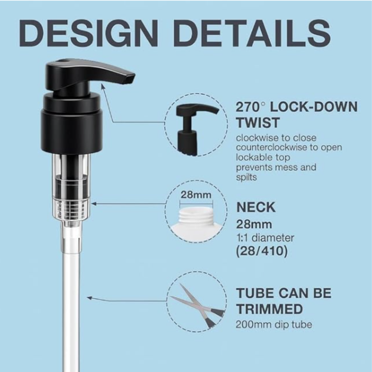 Soap Dispenser Pump Replacement Heads – Locking Pump, Black, Trim-to-Fit Dip Tube, Pack of 5