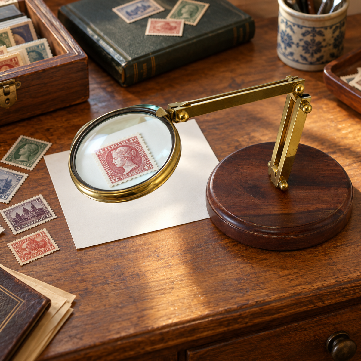 2X Adjustable Tabletop Magnifier with 3½-Inch Glass Lens, Brass Arm and 5½-Inch Solid Wood Base